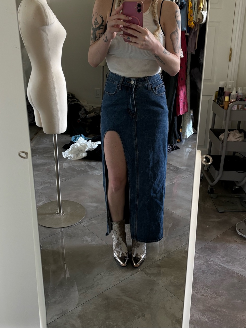 High-Slit Dark Blue Denim Maxi Skirt